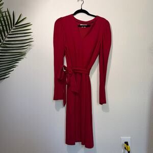 Boden Red Long Sleeve Puff Shoulder V-Neck Tie Waist Midi Dress US 1]\'PP09 J